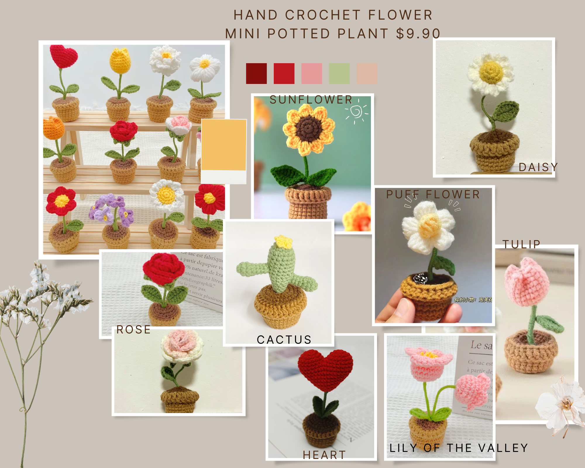 Handmade Crochet Flower Mini Potted Plant