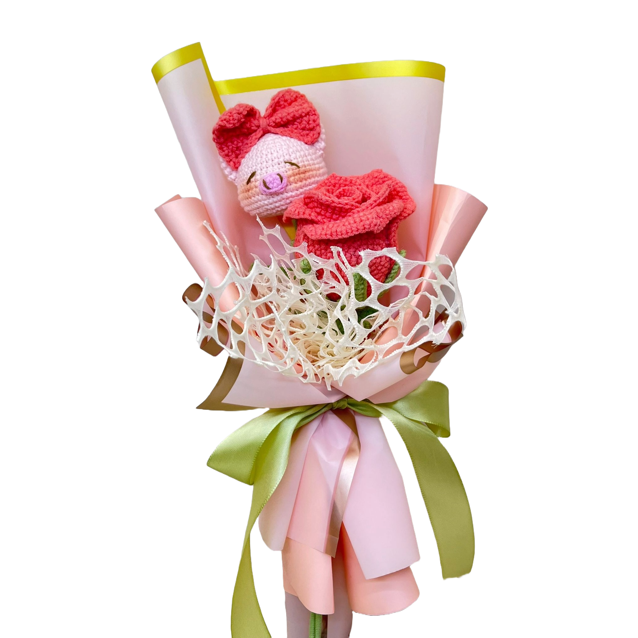 Handcrafted Crochet Flower Bouquet with Adorable Amigurumi Piglet Charm