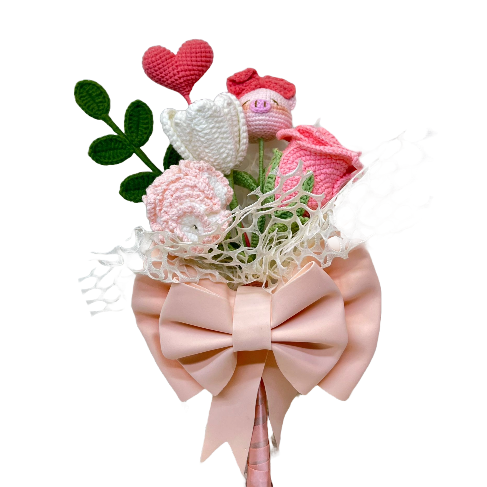 Adorable Crochet Flower Bouquet with Heart and Piglet Accents