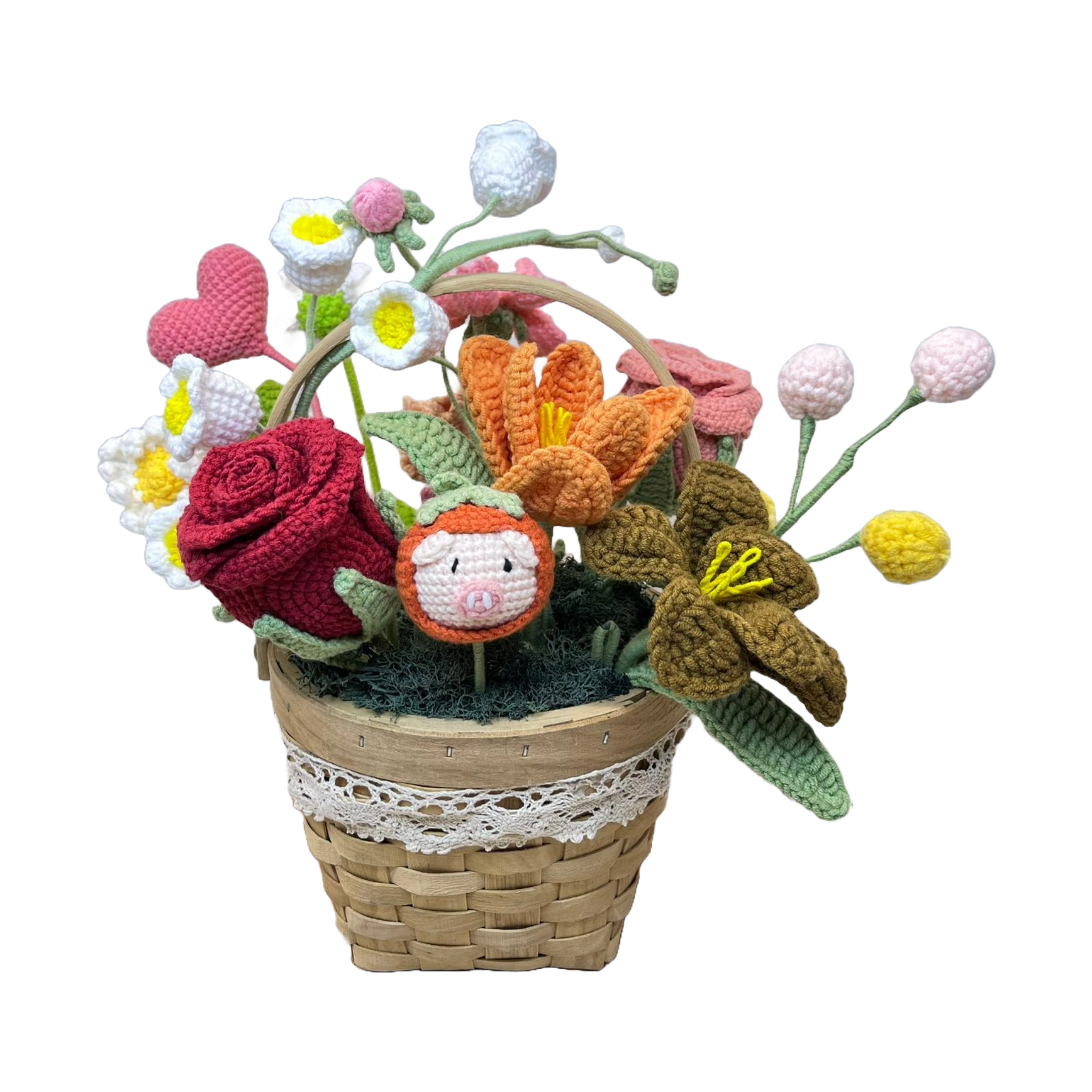 Whimsical Crochet Flower Basket with Piglet and Heart Accents