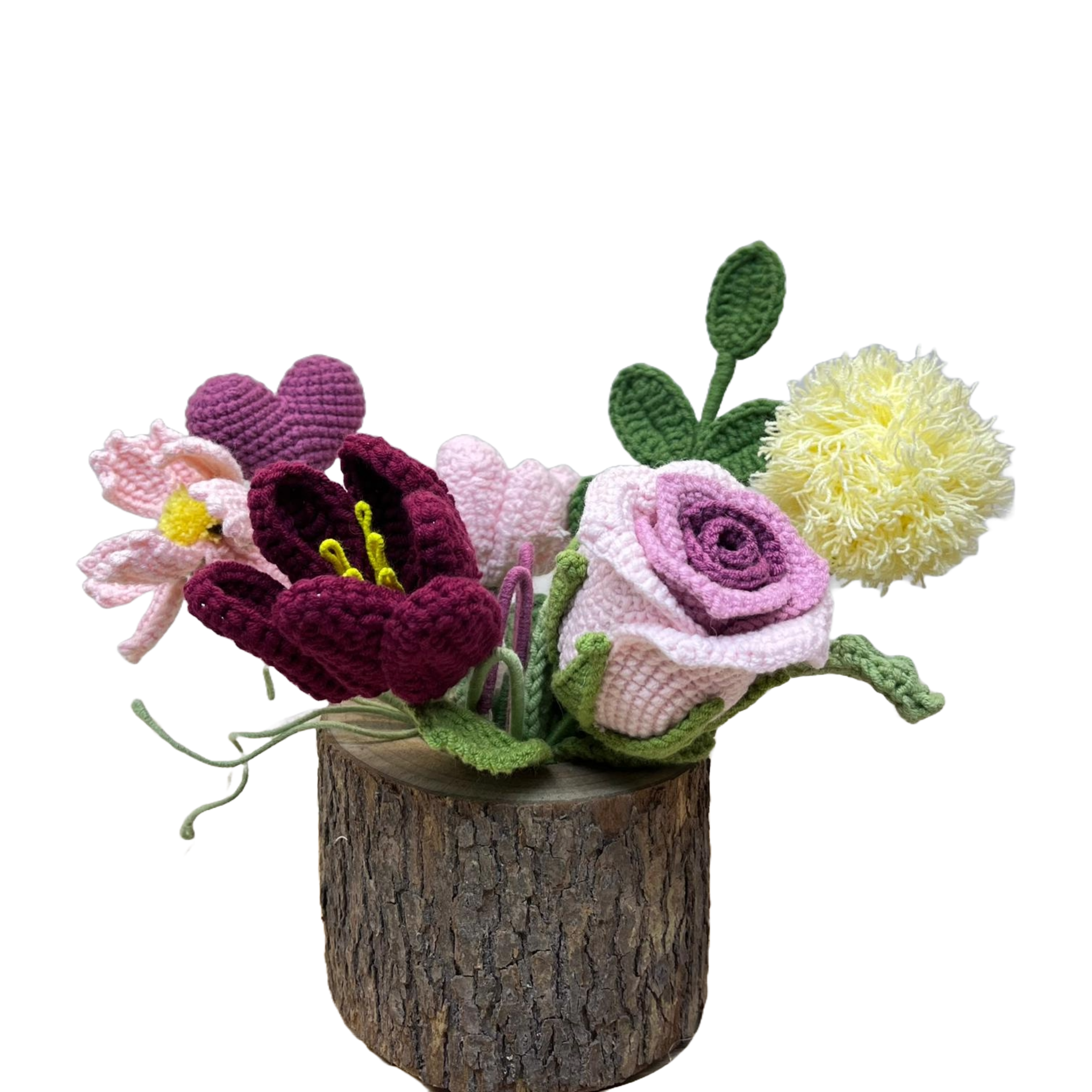 Whimsical Crochet Flower Log Display