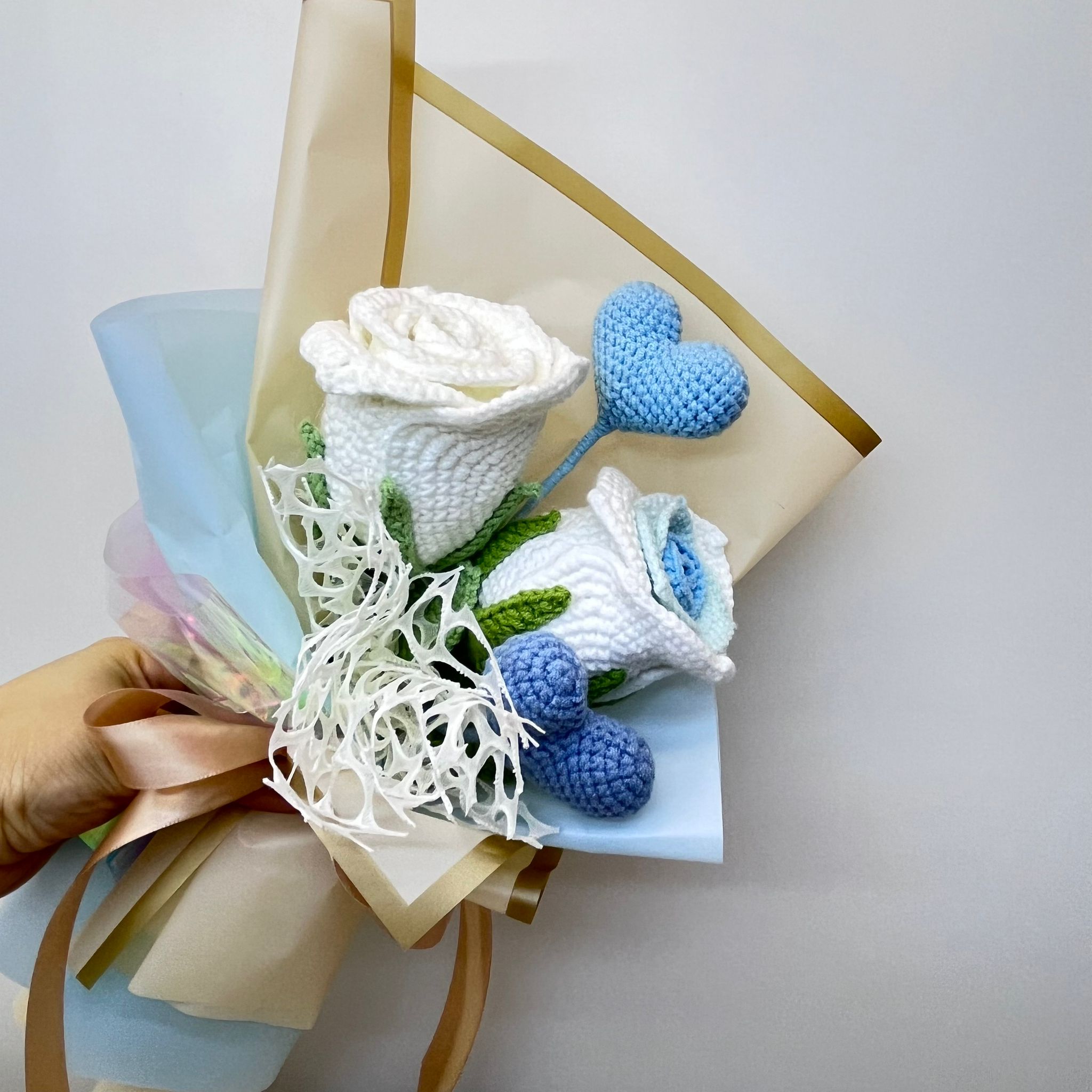 Charming Crochet Flower Bouquet - Blue Hearts & Blooms