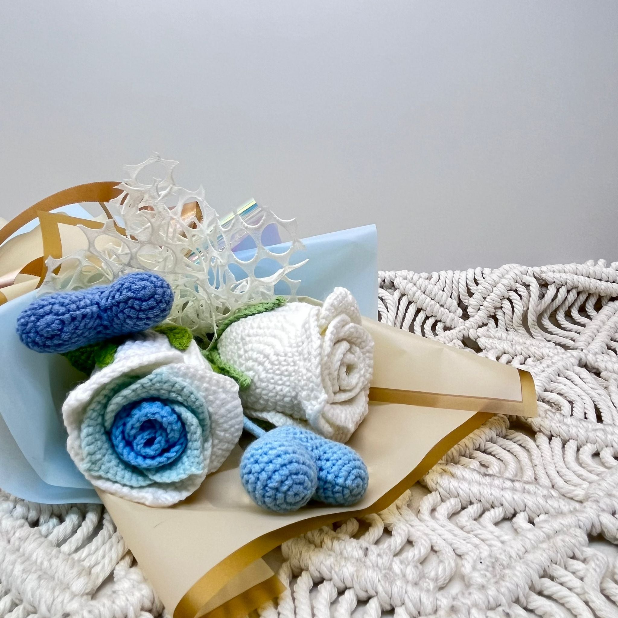 Charming Crochet Flower Bouquet - Blue Hearts & Blooms