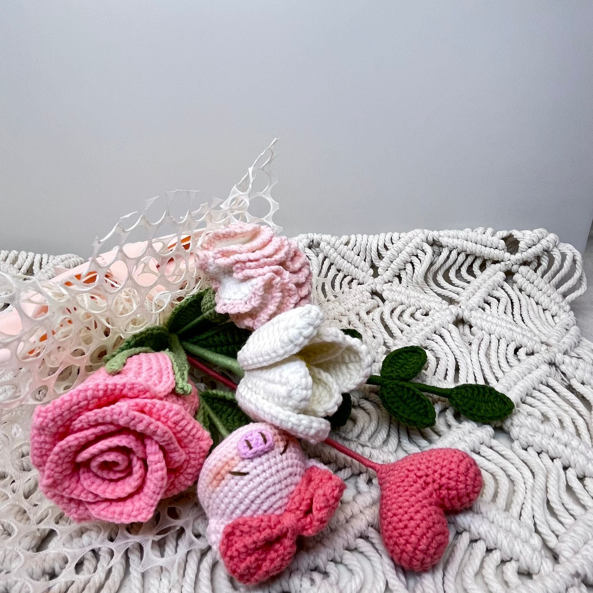 Adorable Crochet Flower Bouquet with Heart and Piglet Accents