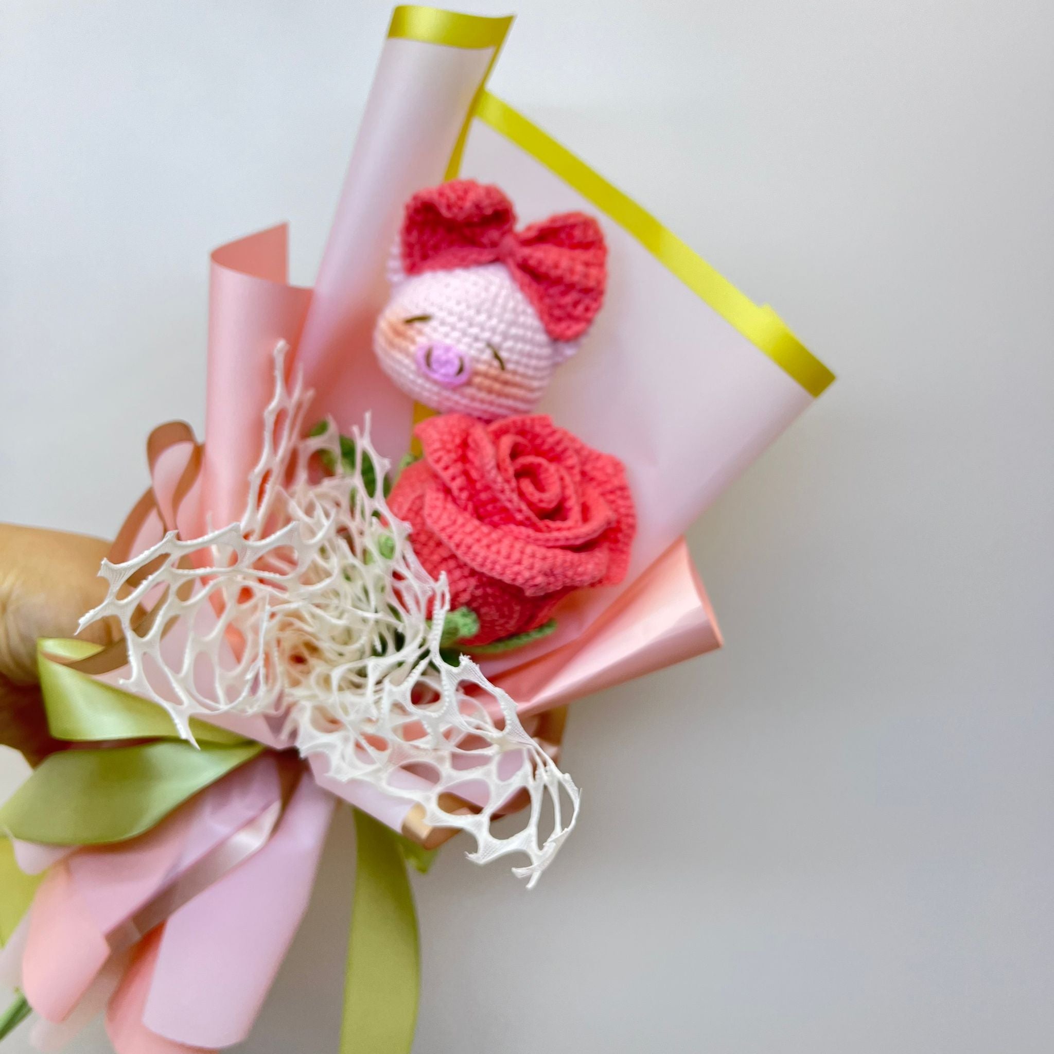 Handcrafted Crochet Flower Bouquet with Adorable Amigurumi Piglet Charm