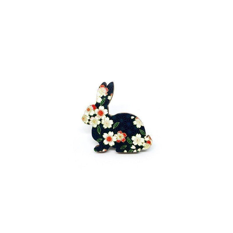 Brooch Pin - Black Floral Rabbit (Wooden) - KLOSH