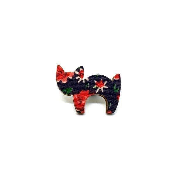 Brooch Pin - Red Floral Scaredy Cat (Wooden) - KLOSH