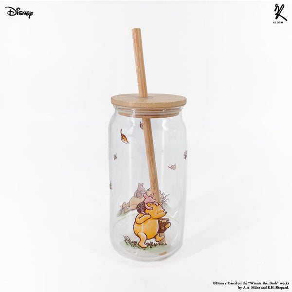Classic Pooh - Pooh and Piglet Borosilicate Glass Can with Bamboo Lid and Straw - KLOSH