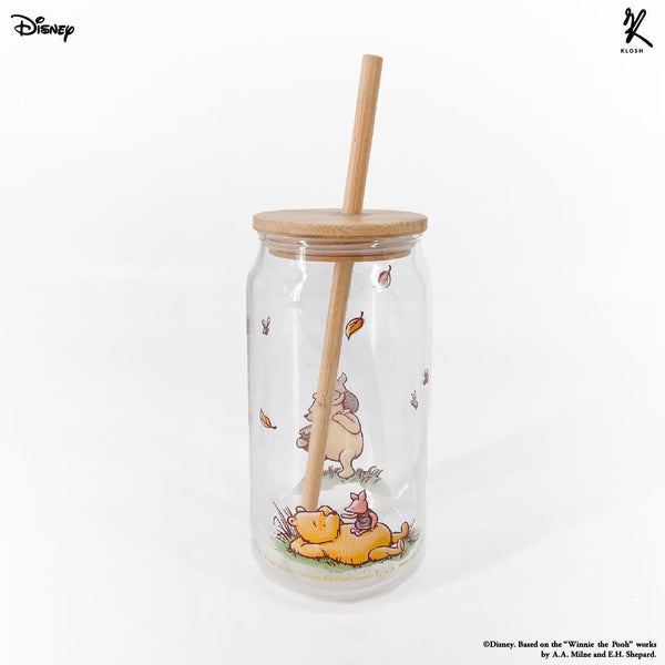 Classic Pooh - Pooh and Piglet Borosilicate Glass Can with Bamboo Lid and Straw - KLOSH