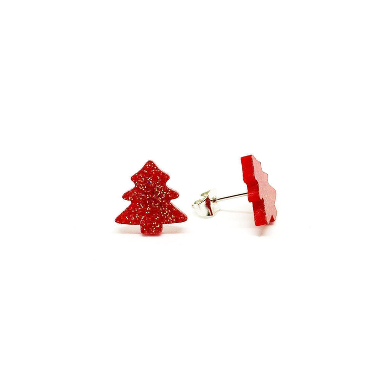 Earring - Red Glitter Christmas Tree Laser Cut Acrylic - KLOSH