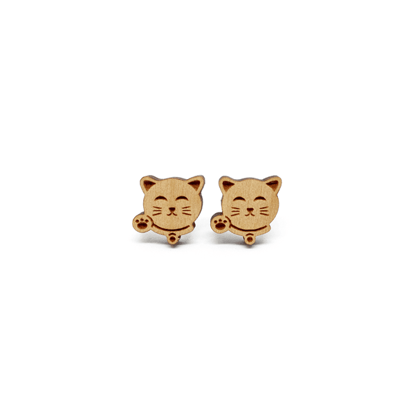 Earrings - Fortune Cat Zhao Cai Mao (Wood) - KLOSH