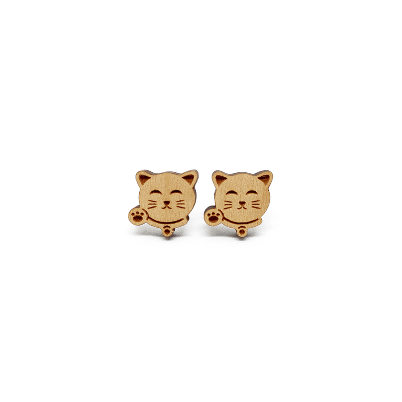 Earrings - Fortune Cat Zhao Cai Mao (Wood) - KLOSH