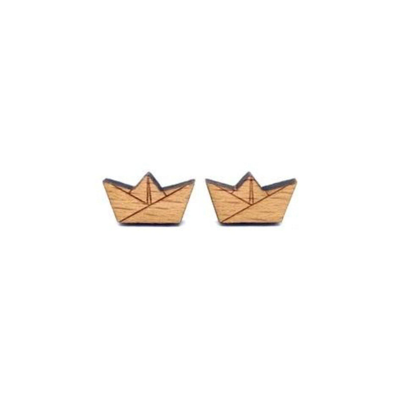 Earrings - Origami Paper Boat (Wood) - KLOSH
