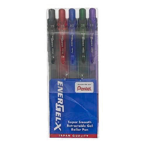 Pentel - Energel-X Gel Roller Pen 0.5mm (5 Color Set) (Black, Red, Blue, Green, Violet) - KLOSH